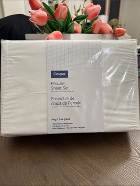 #22 CASPER White Percale Sheet Set KING: Fitted, Flat, 2 pillowcases NEW W TAGS